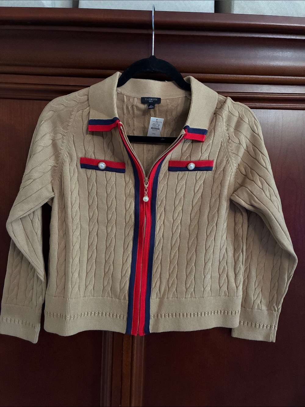 Talbots Camel Cable-Knit Zip Jacket with Red & Navy Trim